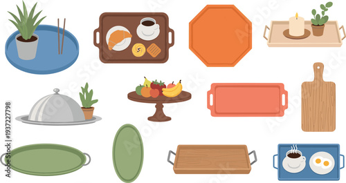 Serving tray and platter collection with breakfast, coffee, candles, fruits, and wooden boards kitchen vector illustration set