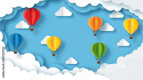 Colorful hot air balloons floating among white clouds in a blue sky viewed from above