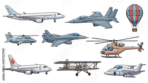 A collection of various aircraft and a hot air balloon depicted in a digital illustration from a straightforward viewpoint.