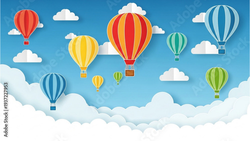 Colorful hot air balloons flying high among fluffy clouds in a serene blue sky