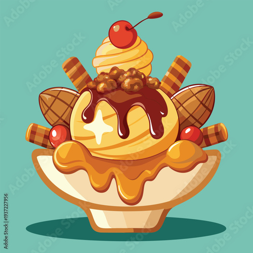Cartoon ice cream sundae with toppings