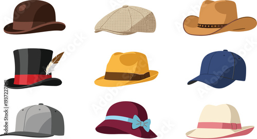 Stylish hat collection vector set with cowboy hat, baseball cap, fedora, bowler, top hat, and vintage fashion headwear