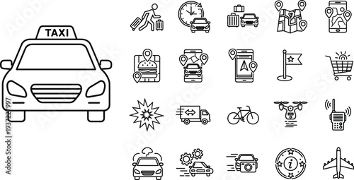 Comprehensive Transportation and Urban Logistics Line Icon Set Featuring Taxi Car Delivery Truck GPS Navigation and Travel Symbols for App UI Design