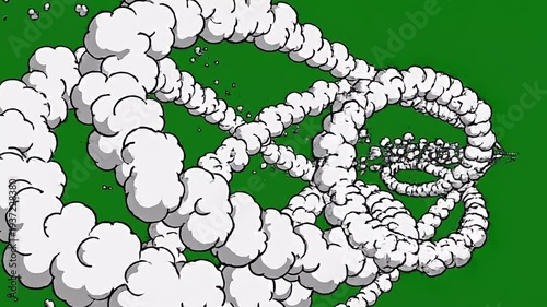 White Smoke Trails Creating Abstract Patterns on a Vibrant Green Background, Suggesting Movement and Energy