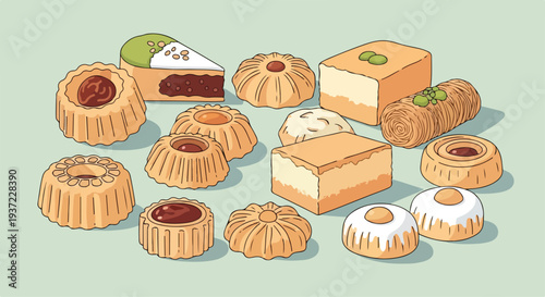 Flat lay illustration of assorted sweet pastries and desserts on a light green background with various textures and fillings.