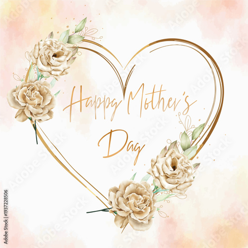 A card or banner to wish a happy Mother's Day in gold, inside a gold heart with beige and cream flowers on a beige and pink watercolor background.