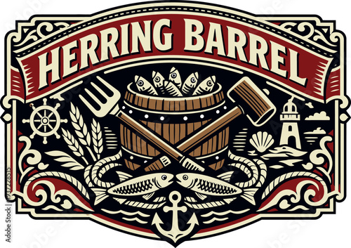 Herring Barrel Nautical Vintage Label Vector
