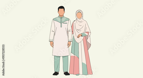 Illustration of a Muslim couple standing together in traditional attire against a plain background.