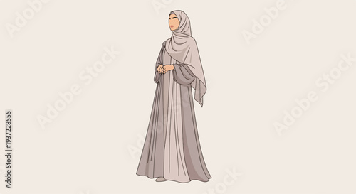 Illustration of a woman wearing a long gray hijab and abaya standing with her hands clasped in front on a plain beige background.