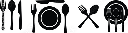 Dining utensils and plates icon set vector illustration.