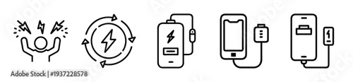 Vector illustration set of various battery and charging icons on transparent background