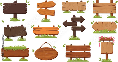 Wooden Signboard Vector Set with Rustic Wood Signs, Direction Arrows, Hanging Boards, and Garden Signposts Cartoon Illustration Collection