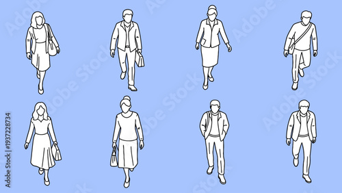 Walking characters set in minimalist line style featuring diverse men and women for architectural scale figures and urban lifestyle infographic design elements vector illustration.