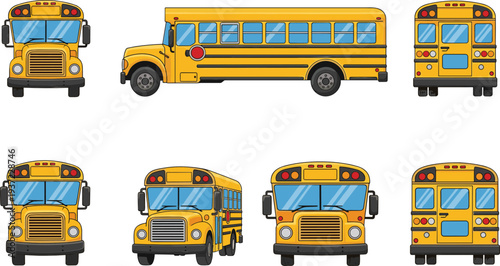 Yellow School Bus Vector Set with Front, Side, Back, and Perspective Views Detailed Transportation Vehicle Illustration for Education, Kids, and Traffic Designs