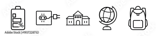 Vector illustration of battery, charger, school, globe, and backpack icons on transparent background