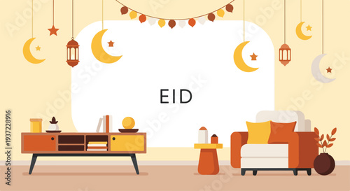 Flat lay of a cozy living room interior with Eid decorations and furniture in warm colors against a clean white background.