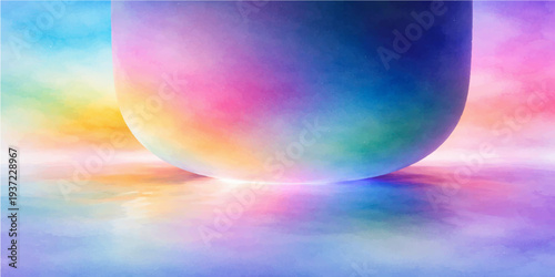 A shiny 3D crystal sphere reflects a colorful rainbow within a transparent glass globe floating against the blue sky as a vibrant vector art illustration