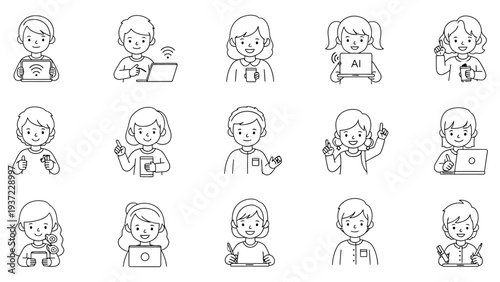 Children's digital activity set boy, girl using tablet, laptop computer, smartphone, various expressions, postures, education technology concept collection vector illustration.