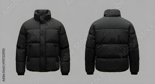 Black puffer jacket mockup front and back view winter outerwear clothing template