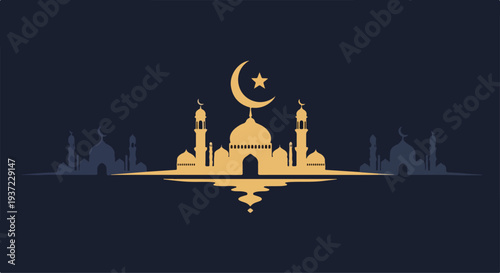 Golden mosque silhouette with crescent moon and star on a dark background with city skyline.