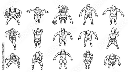 Top view of cartoon athletes playing sports like rugby, basketball, soccer, and running in various active poses isolated on a transparent background vector illustration.