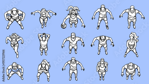 Top view of cartoon athletes playing sports like rugby, basketball, soccer, and running in various active poses isolated on a blue background vector illustration.