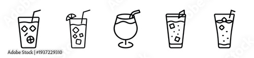 A collection of five distinct black line art vector graphic illustrations depicting various cold beverages, cocktails, and refreshing drinks on transparent background. on transparent background