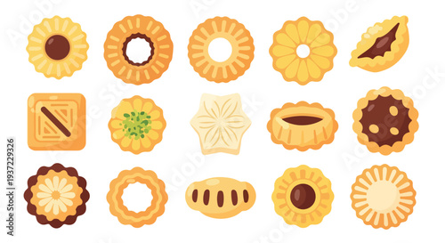 Flat lay of assorted sweet pastries and cookies on a white background with golden brown tones.