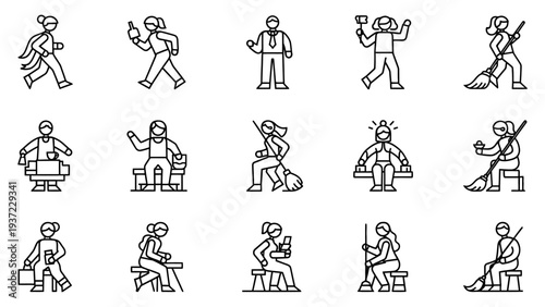 Women performing various daily activities like walking, running, working, and cleaning isolated on a transparent background vector illustration.