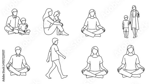 Family and individuals meditating and walking in nature in outline style on a transparent background vector illustration.