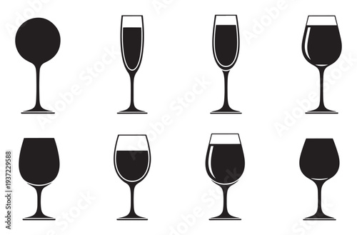 Set of black silhouette wine glasses isolated on transparent background vector illustration eps 10, drinkware collection, alcohol beverage icons