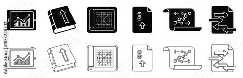 Business Strategy, Project Planning, Data Analytics, Workflow Process and Growth Report Solid and Outline Icon Set with Tablet Chart, Blueprint, Checklist, Book and Management Symbols