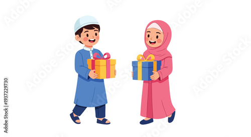 Illustration of a smiling Muslim boy and girl in traditional attire exchanging colorful gifts on a plain white background with a cheerful mood.
