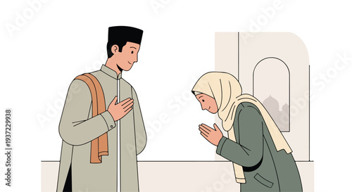 Illustration of a man and woman in traditional attire with hands on heart and palms together in a simple room with an arched window.