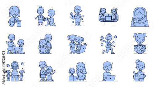 Children and adults depicting diverse activities and familial interactions, flat vector design illustration.
