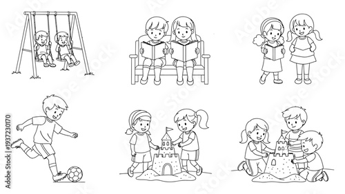 Featuring children engaged in various outdoor and indoor recreational activities and play vector illustration.