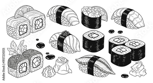 Hand drawn black and white sushi and maki rolls sketch collection