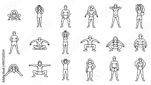 Various individuals performing different yoga and exercise poses and stretches vector illustration.