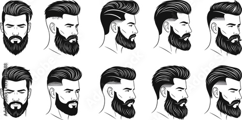 Men, hairstyles, beard, haircut, barber, style, grooming, fashion, male, hair, beard, hipster, modern, barbering, salon, hairstyle, portrait, illustration, men, vector