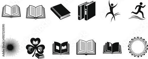 Book reading and education icons set with open books library symbols learning study knowledge and academic illustration