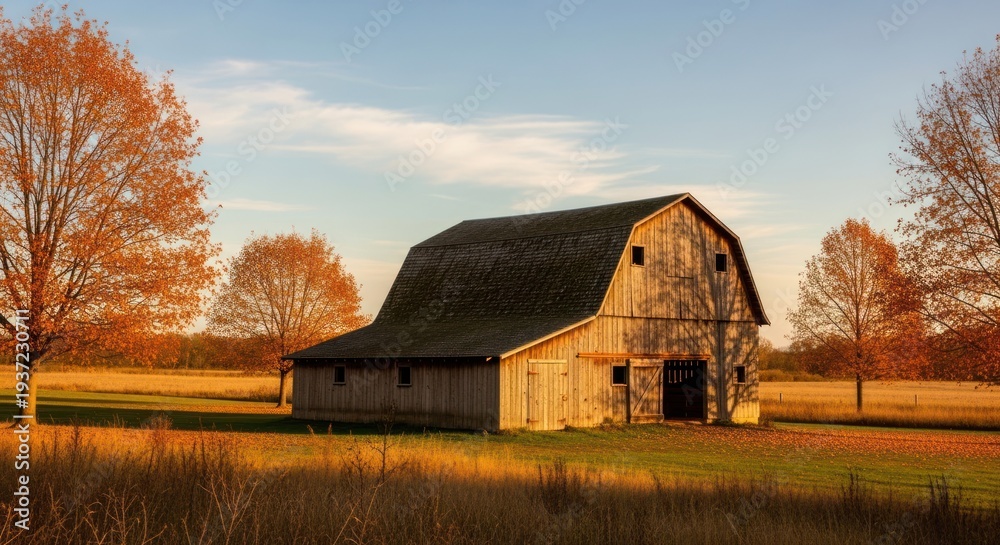 Obraz premium Rustic wooden barn in a vibrant autumn landscape with trees and sunny sky
