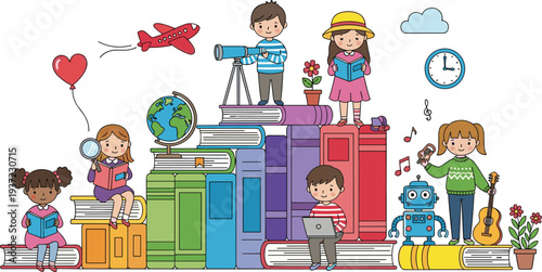 Children learning and creativity illustration with kids reading books music science technology and education activities colorful school concept