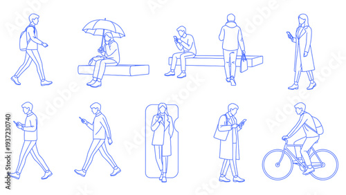Showing people in various poses and activities: walking, sitting, using phones, and riding a bicycle, vector illustration.