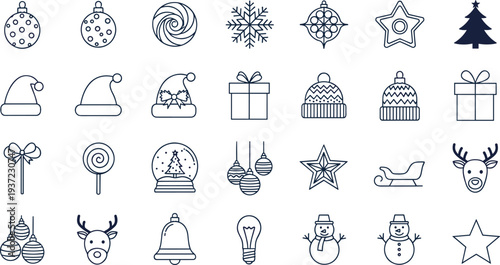 Christmas holiday line icons set including ornaments snowflake Santa hat gift box snowman sleigh reindeer and festive decorations
