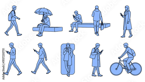 Showing people in various poses and activities: walking, sitting, using phones, and riding a bicycle, vector illustration.
