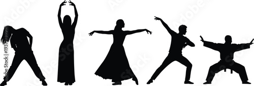 Dance performer silhouettes collection with ballet modern dance and martial arts poses artistic movement vector illustration