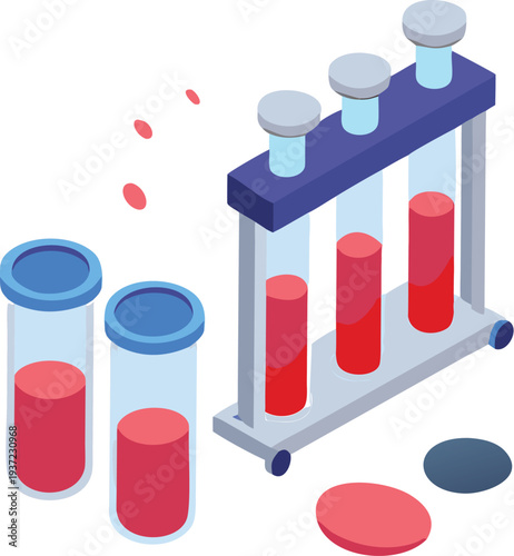 Isometric illustration of laboratory test tubes with red liquid on a rack and nearby containers  science and medical concept