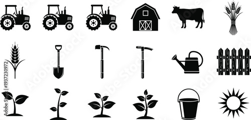 Farm agriculture icons set with tractor barn cow wheat tools plants watering can and rural farming symbols vector