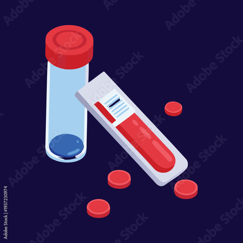 Blood test tubes and red blood cells on dark blue background for medical and health care concept