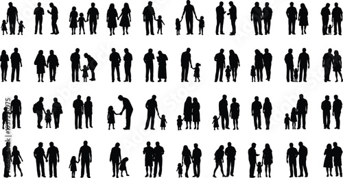Family silhouettes collection with parents children couples and people standing walking together community lifestyle vector illustration